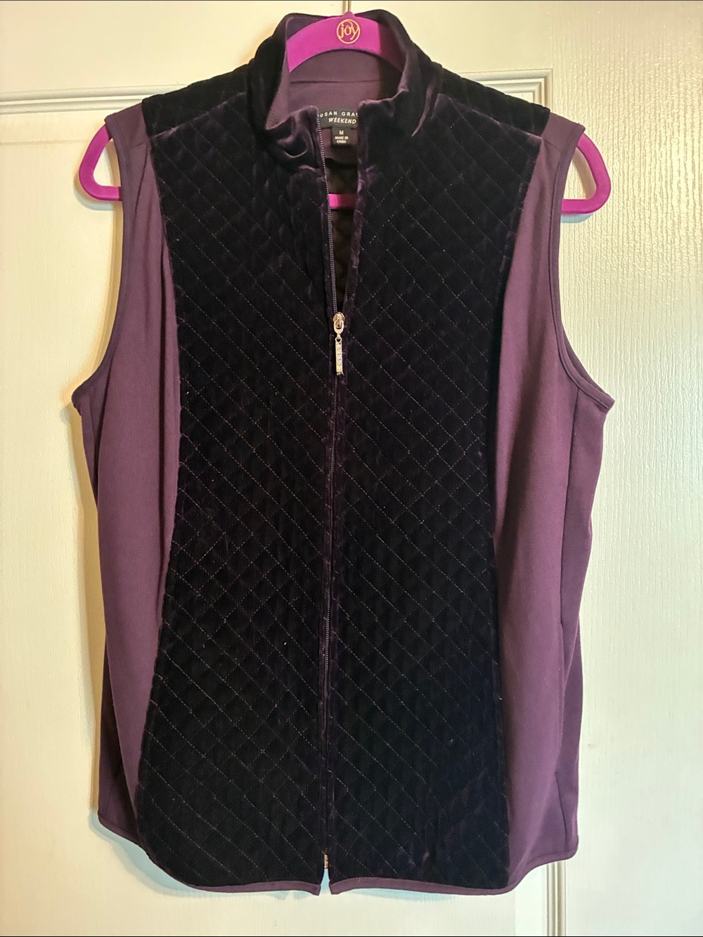 Susan Graver  Quilted Velvet Front Sleeveless Vest in Deep Purple